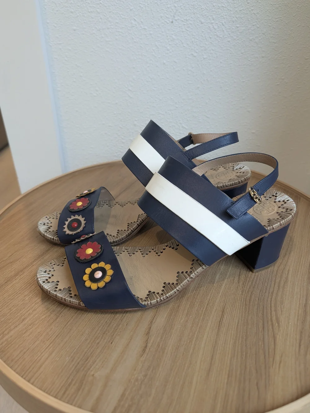 Tory Burch Navy and White Floral Appliqué Block Heel Sandals